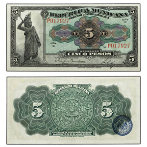 SOLD Mexico Republica Mexicana ND (1915) 5 Five Pesos Note - AU/UNC