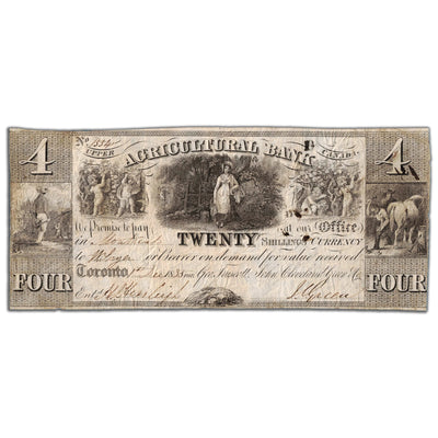 SOLD $4 1835 Agricultural Bank Upper Canada Note #20-12-02-10
