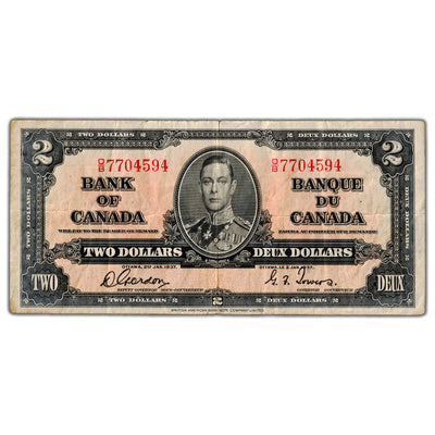 $2 1937 Bank of Canada Note Gordon-Towers O/B Prefix BC-22b - F/VF