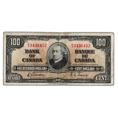 SOLD $100 1937 Bank of Canada Note Gordon-Towers B/J Prefix BC-27b - Circulated