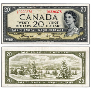 SOLD $20 1954 Bank of Canada Note Devil Face A/E Prefix BC-33a - VF/EF (pressed)