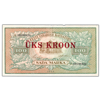 Estonia ND (1928) 1 Kroon Overprint on 100 Marka Note P #61b - VF+