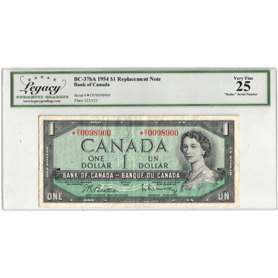 SOLD $1 1954 Bank of Canada Note *O/Y Replacement & Radar BC-37bA - Legacy VF-25