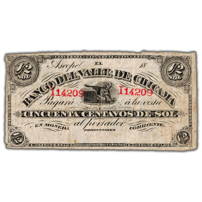 SOLD Peru Banco Del Valle de Chicama 1800's 1/2 Sol Remainder Note P #S422r - F/VF