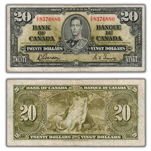 SOLD $20 1937 Bank of Canada Note Gordon-Towers E/E Prefix BC-25b - Minor Writing