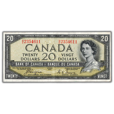 SOLD $20 1954 Bank of Canada Note Devil Face B/E Changeover Prefix BC-33a - VF/EF