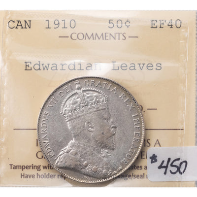 SOLD Canada 1910 Edwardian Leaves 50 Cents Half Dollar Silver Coin - ICCS EF-40