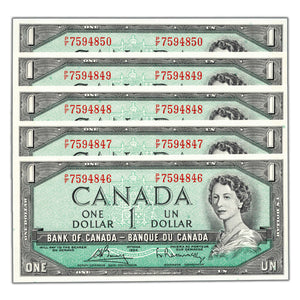 SOLD $1 1954 Bank of Canada Notes P/F Prefix BC-37c - 5 Consecutive Choice Uncirculated
