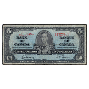 SOLD $5 1937 Bank of Canada Note Gordon-Towers T/C Prefix BC-23b - VG/F