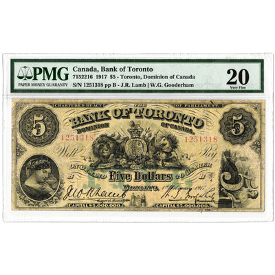 SOLD $5 1917 Bank of Toronto Canada Chartered Note #715-22-16 - PMG VF-20
