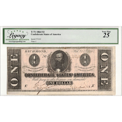 SOLD United States 1864 $1 Confederate States of America Note T-71 - Legacy VF-25
