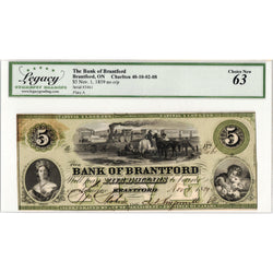 SOLD $5 1859 Bank of Brantford Chartered Note #40-10-02-08 - Legacy UNC-63