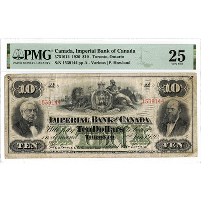 $10 1920 Imperial Bank of Canada Chartered Note #375-16-12 - PMG VF-25