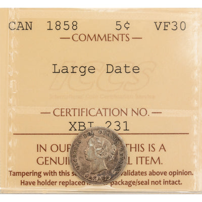 SOLD Canada 1858 Large Date 5 Cents Silver Coin First Year of Issue! - ICCS VF-30