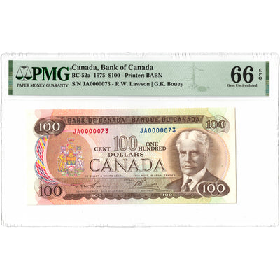 SOLD $100 1975 Bank of Canada Note Low Serial #73 BC-52a - PMG Gem UNC-66 EPQ