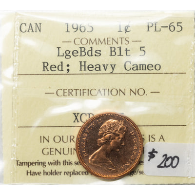 Canada 1965 LgeBds Blt 5 1 Small Cent Coin - ICCS PL-65 Red HC