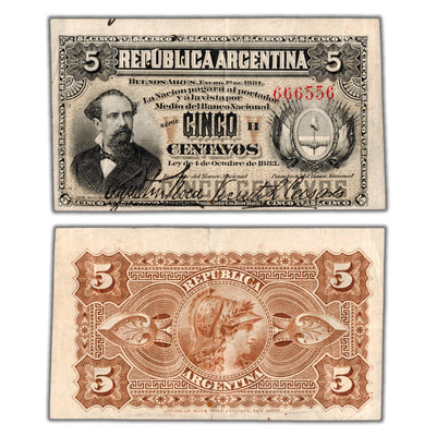 Argentina 1883 5 Centavos Note P #5 - VF