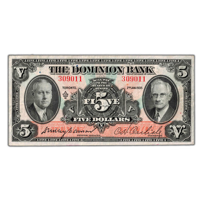 SOLD $5 1935 The Dominion Bank Canada Chartered Note CH #220-26-02 - VF+