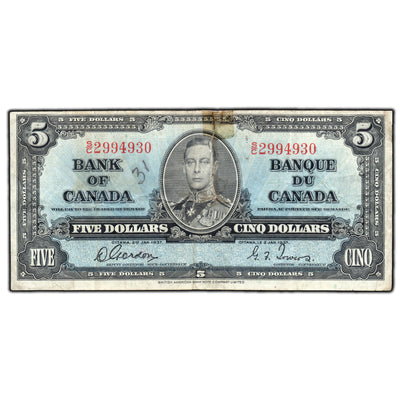 SOLD $5 1937 Bank of Canada Note Gordon-Towers S/C Prefix BC-23b - Damaged/Writing