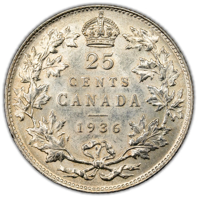 Canada 1936 25 Cents Quarter Silver Coin - EF-45