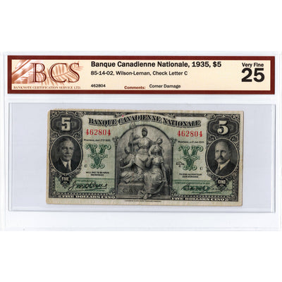$5 1935 Banque Canadienne Nationale Canada Chartered Note #85-14-02 - BCS VF-25