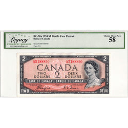 $2 1954 Bank of Canada Note Devil Face C/B Prefix BC-30a - Legacy AU-58