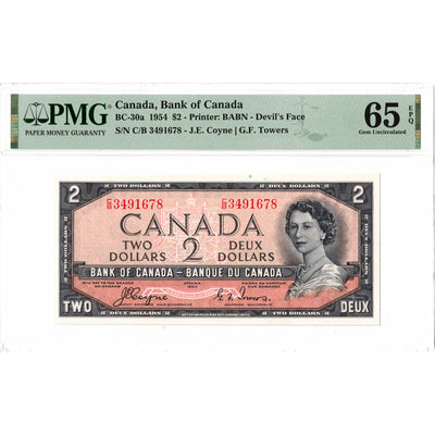 SOLD $2 1954 Bank of Canada Note Devil Face C/B Prefix BC-30a - PMG Gem UNC-65 EPQ
