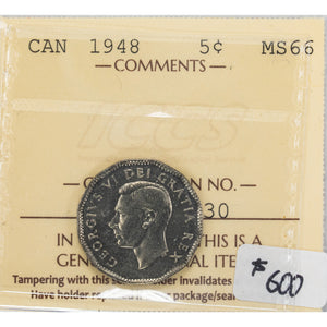 SOLD Canada 1948 5 Cents Nickel Coin - ICCS MS-66