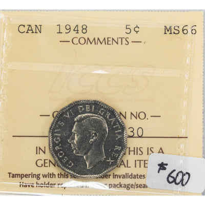 SOLD Canada 1948 5 Cents Nickel Coin - ICCS MS-66