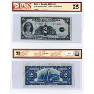 SOLD $2 1935 Bank of Canada Note English Text BC-3 - BCS VF-25