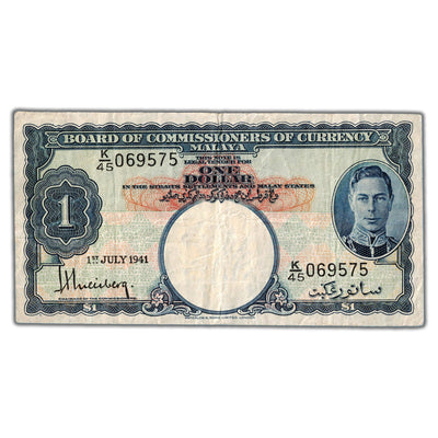 Malaya 1941 $1 One Dollar Note P #11 - Circulated