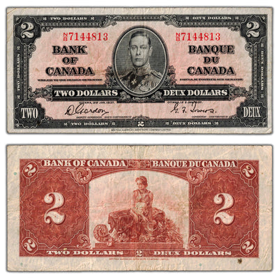 $2 1937 Bank of Canada Note Gordon-Towers N/B Prefix BC-22b - Fine