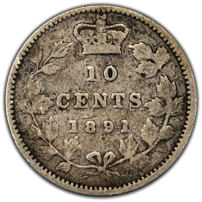 Canada 1891 22 Leaves 10 Cents Dime Silver Coin - VG-8