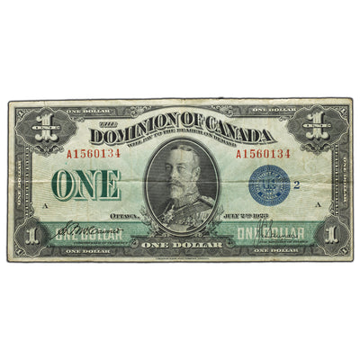 SOLD $1 1923 Dominion of Canada Note Blue Seal Series A DC-25h - F/VF (tear)