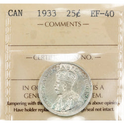 Canada 1933 25 Cents Quarter Silver Coin - ICCS EF-40
