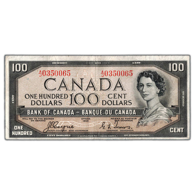 $100 1954 Bank of Canada Note Devil Face Coyne-Towers BC-35a - VF