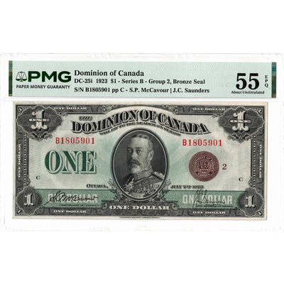 $1 1923 Dominion of Canada Note Bronze Seal Series B DC-25i - PMG AU-55 EPQ