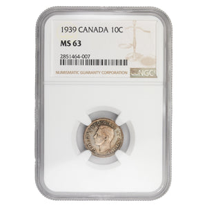SOLD Canada 1939 10 Cents Dime Silver Coin - NGC MS-63
