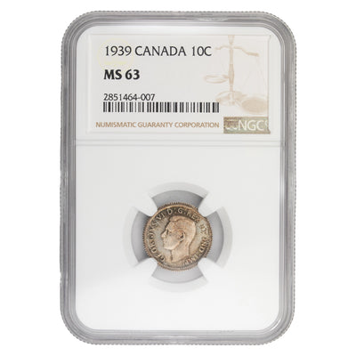 SOLD Canada 1939 10 Cents Dime Silver Coin - NGC MS-63