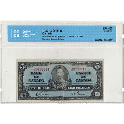$5 1937 Bank of Canada Note Gordon-Towers J/C Prefix BC-23b - CCCS EF-40