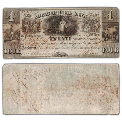 SOLD $4 1836 Agricultural Bank Canada Note #20-12-02-12 - Missing Corner Tip