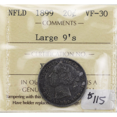 Newfoundland 1899 Large 9's 20 Cents Silver Coin - ICCS VF-30