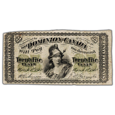 25 Cents 1870 Dominion of Canada Shinplaster Note Letter 'B' DC-1b - F/VF (pinholes)