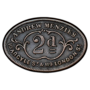 SOLD Scotland 1800's Glasgow Andrew Menzies 2d Two Pence Omnibus Token