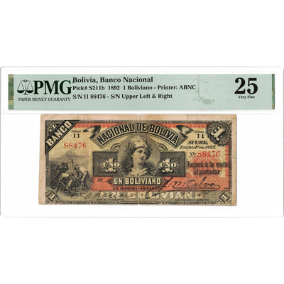 Bolivia Banco Nacional 1892 1 One Boliviano Note P #S211b - PMG VF-25