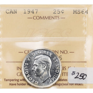 SOLD Canada 1947 25 Cents Quarter Silver Coin - ICCS MS-64
