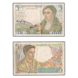 SOLD France 1943 5 Five Francs Note P #98a