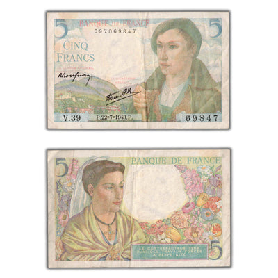 SOLD France 1943 5 Five Francs Note P #98a