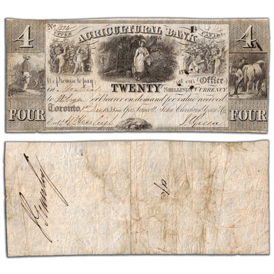 SOLD $4 1835 Agricultural Bank Upper Canada Note #20-12-02-10