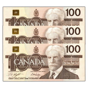 SOLD $100 1988 Bank of Canada Notes BJR Changeover Prefix BC-60d - 3 Consecutive